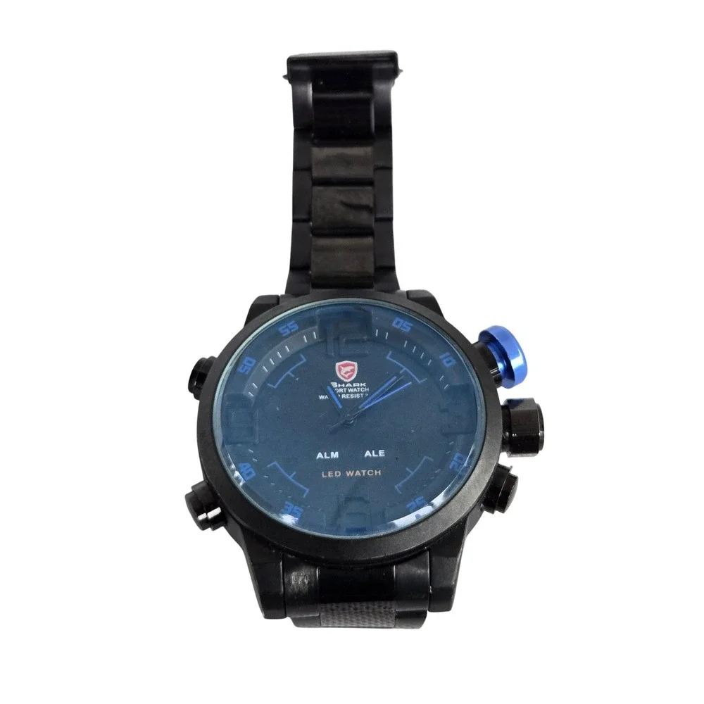 Shark Sport Watch Mens Black Dual Display Analog Digital Blue Crown 5.5in Tested
